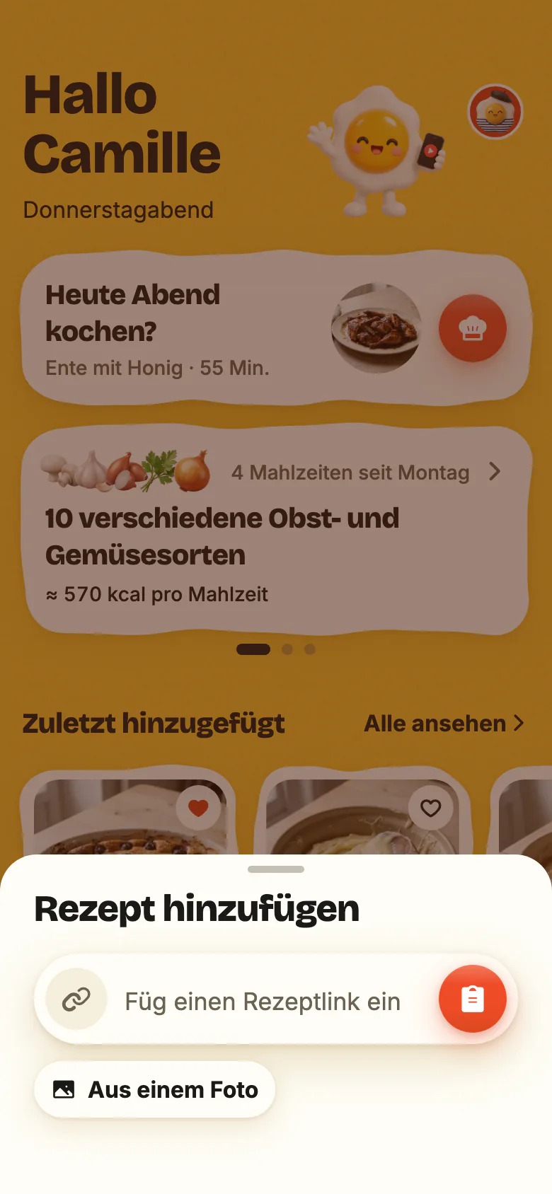 „Rezept hinzufügen“, geöffnet über das + von Yumclip: das Feld „Füg einen Rezeptlink ein“ mit seiner Einfügen-Taste, darunter „Aus einem Foto“.