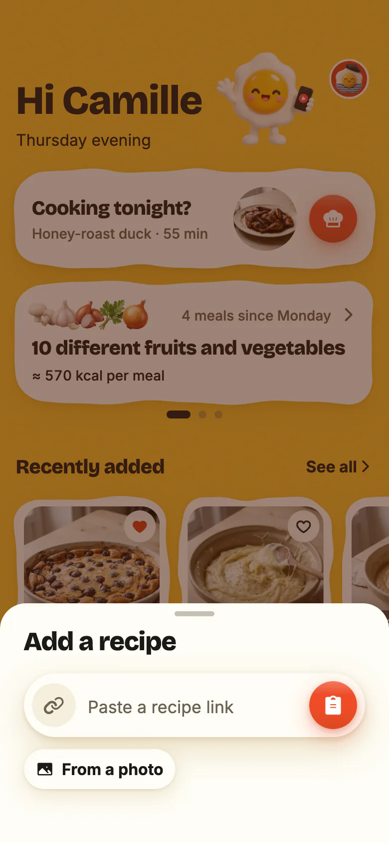 “Add a recipe”, opened from Yumclip’s +: the “Paste a recipe link” field with its paste button, then “From a photo”.