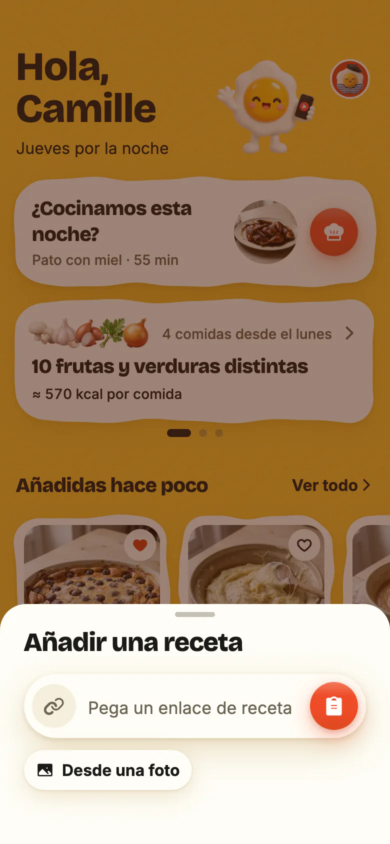 «Añadir una receta», abierto con el + de Yumclip: el campo «Pega un enlace de receta» con su botón de pegar y, debajo, «Desde una foto».