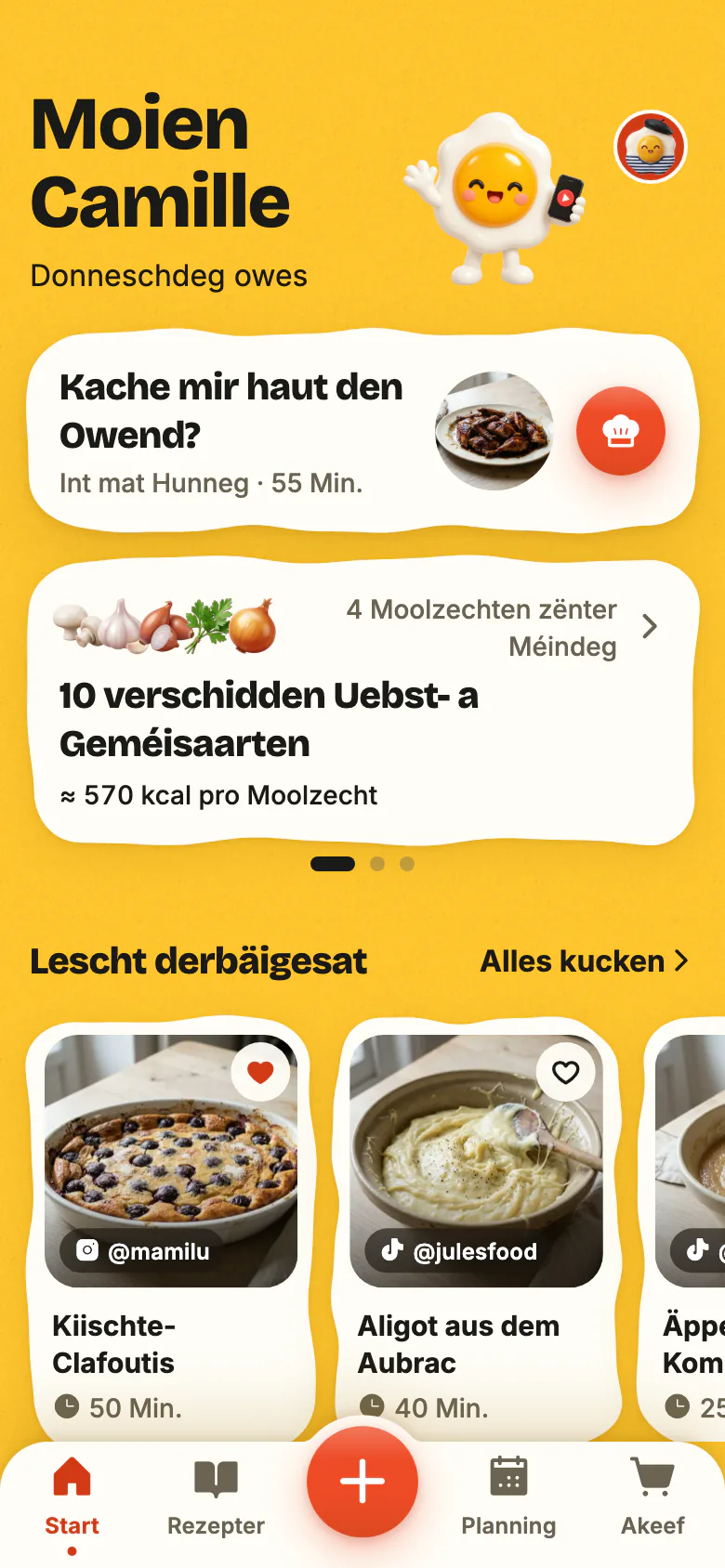 De Startschierm vu Yumclip un engem Owend an der Woch: „Kache mir haut den Owend?“ proposéiert e Rezept, d’Woch zielt hiert Uebst a Geméis, an dorënner sinn déi lescht derbäigesate Rezepter.