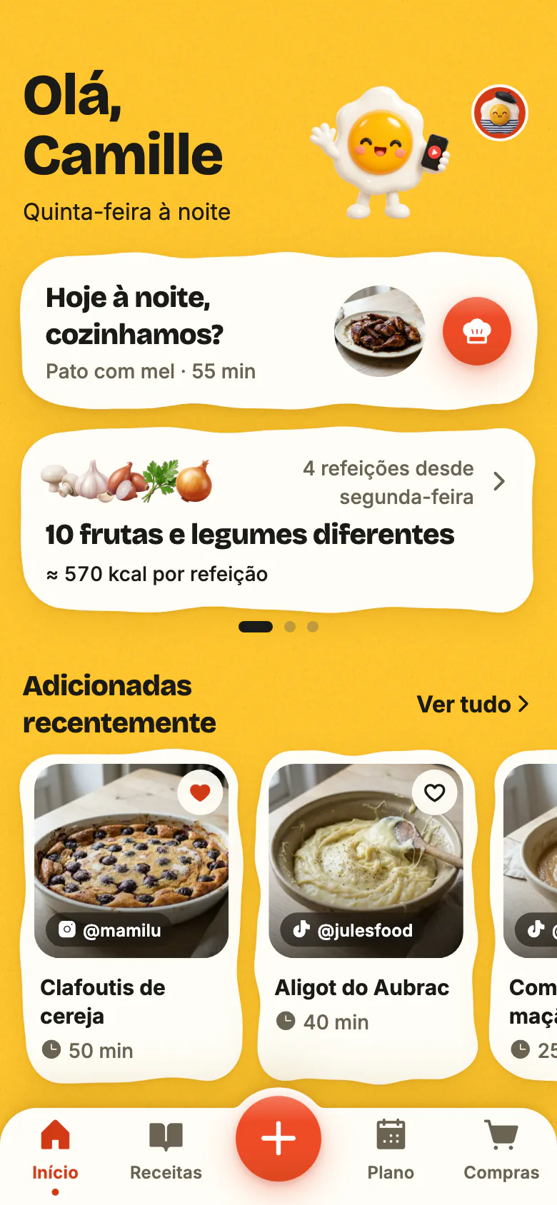 O ecrã de início do Yumclip numa noite de semana: «Hoje à noite, cozinhamos?» propõe uma receita, a semana conta as suas frutas e legumes, e por baixo estão as receitas adicionadas recentemente.