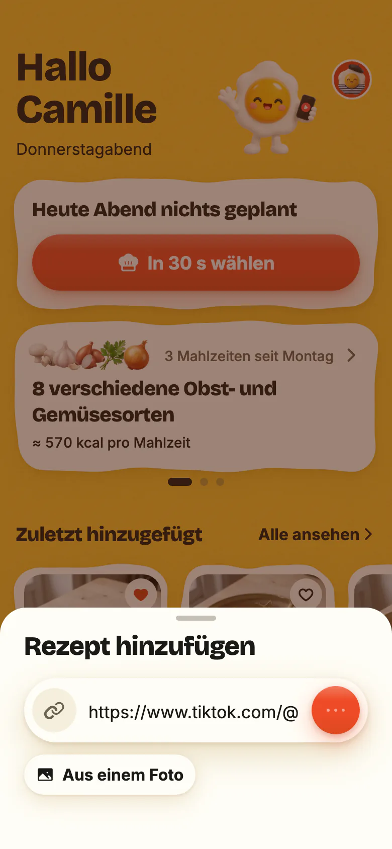 Der Startbildschirm von Yumclip: ein eingefügter Rezeptlink, der Import läuft, dann kommt das neue Rezept an.