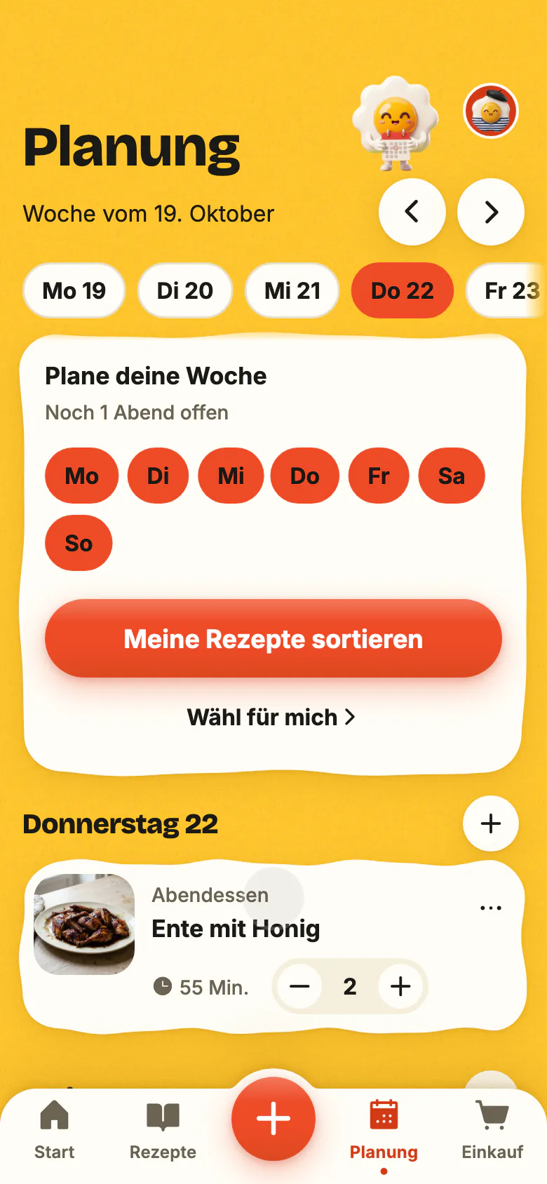 Die Planung in Yumclip: ein Rezept für heute Abend, dann füllen sich die anderen Abende der Woche.