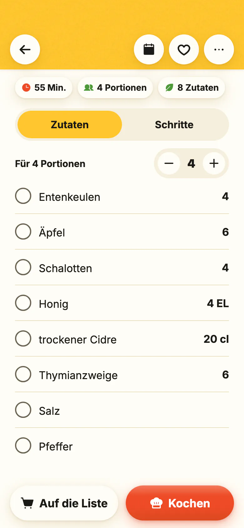 Ein Rezept in Yumclip: die Zutaten mit ihren Mengen, die Portionenzahl ändert sich, dann die Schritte, jeder mit seiner Stelle im Video verknüpft.