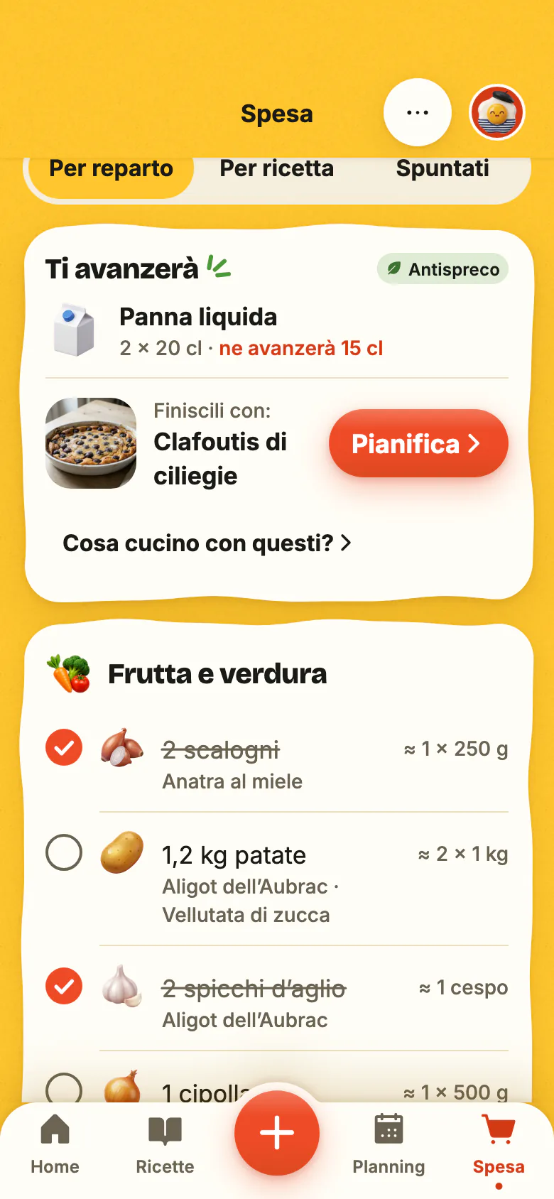 La lista della spesa di Yumclip, ordinata per reparto: prodotti spuntati uno a uno, poi «Ti avanzerà» e la ricetta che finisce gli avanzi.