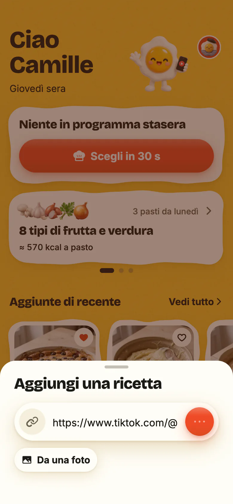 La Home di Yumclip: un link di ricetta incollato nel campo, l’importazione che avanza, poi la nuova ricetta che arriva.