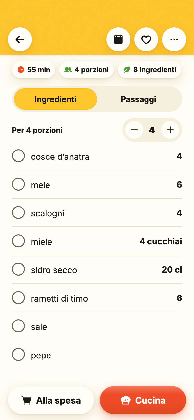 Una ricetta in Yumclip: gli ingredienti con le quantità, il numero di porzioni che cambia, poi i passaggi, ognuno legato al suo momento nel video.