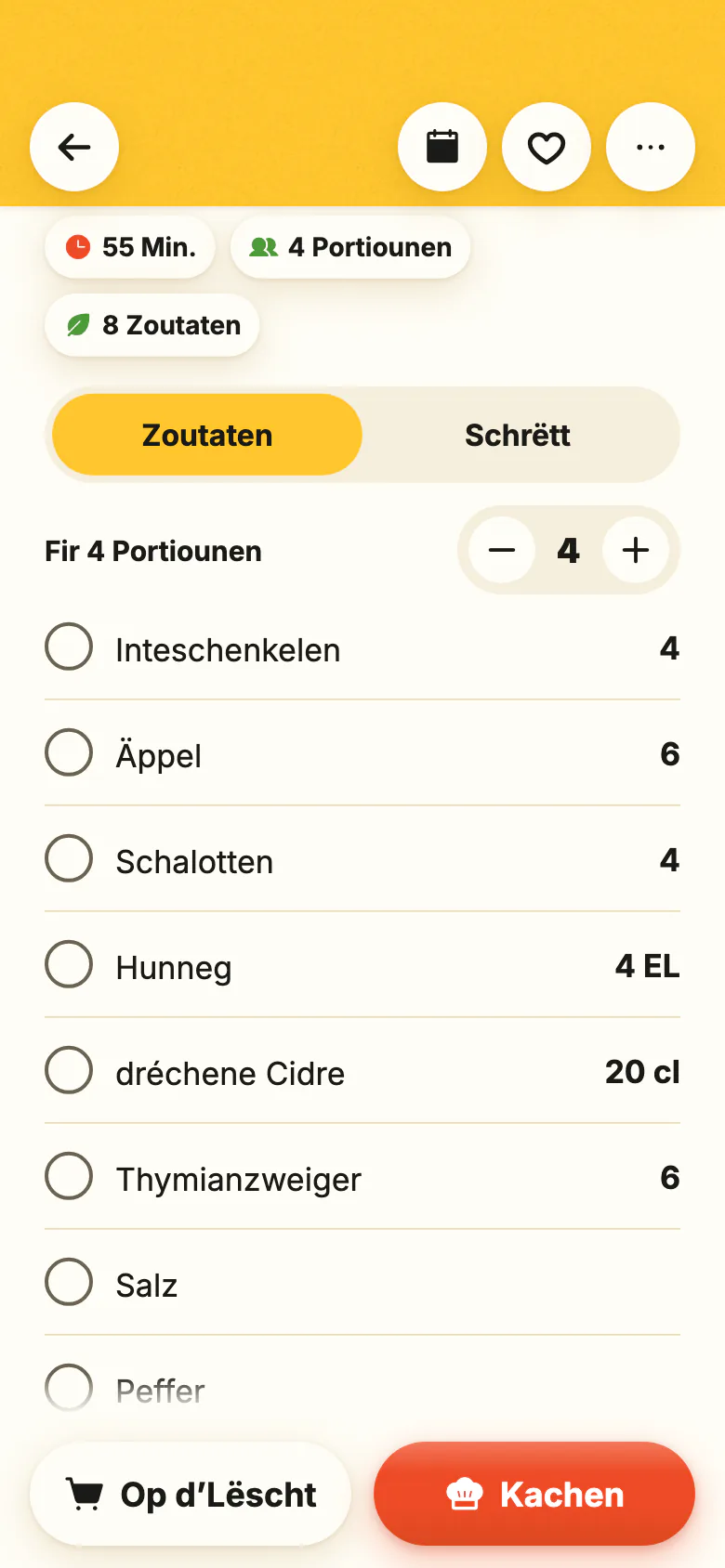E Rezept a Yumclip: d’Zoutate mat hire Quantitéiten, d’Zuel vun de Portiounen, déi ännert, an dann d’Schrëtt, all eenzel mat sengem Moment am Video verbonnen.