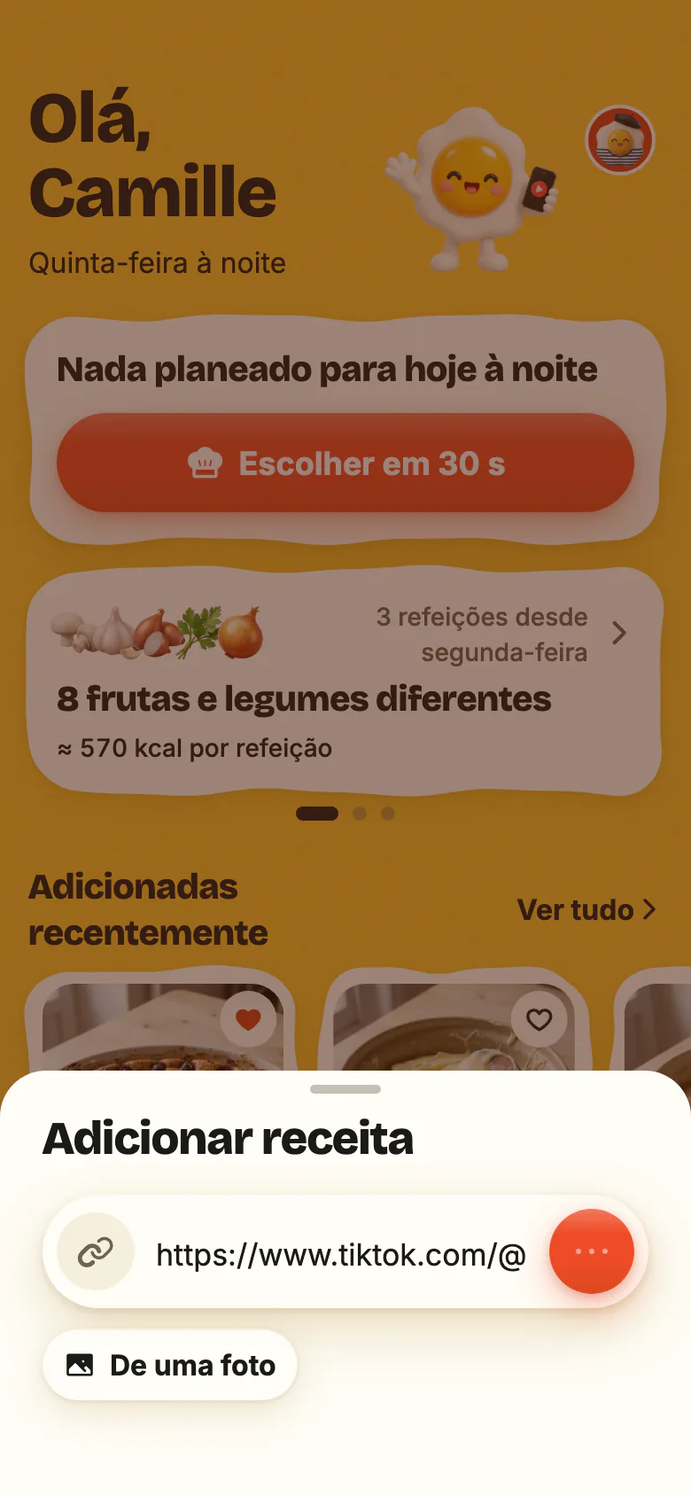 O Início do Yumclip: um link de receita colado no campo, a importação a avançar e a nova receita a chegar.